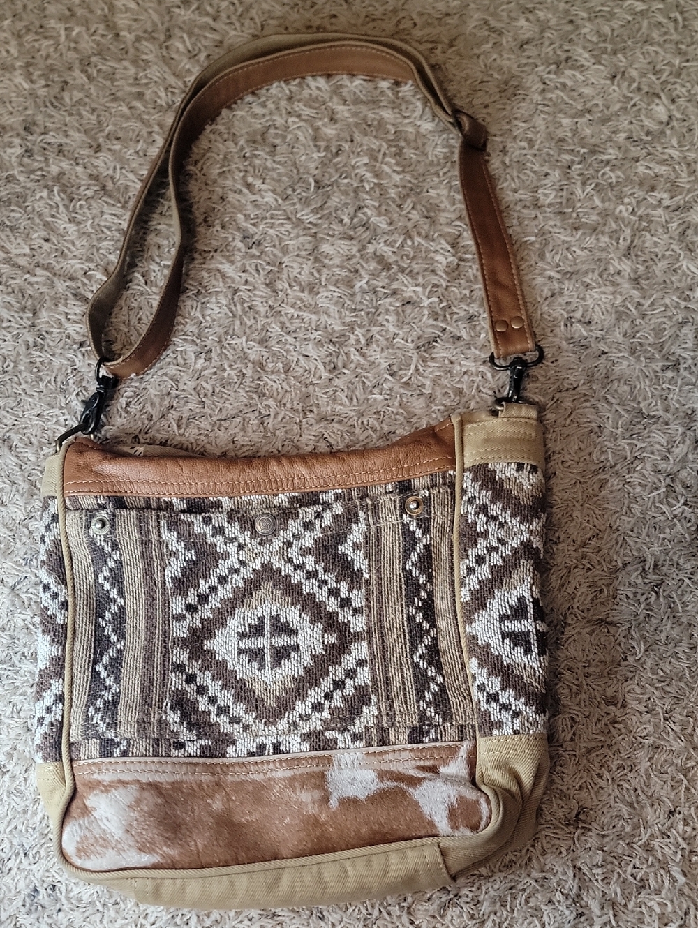 Myra Bag Brown & Cream Woven Geometric Crossbody